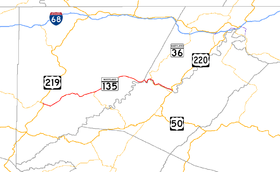 A map of far western Maryland showing major roads.  Maryland Route 135 connects Oakland with southern Allegany County.