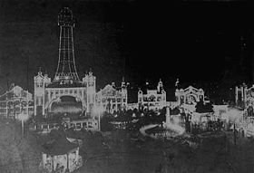 Nighttime picture of Osaka Luna Park, also known as Shinsekai Luna Park, ca. 1912. An aerial tramway connected the amusement park with the original Tsutenaku Tower. The park closed in 1923; the tower was damaged in a fire and dismantled 20 years afterward.