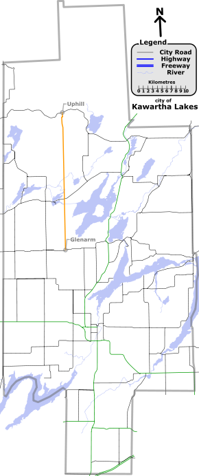 "A map with various coloured lines representing different types of roadways. In green are provincial highways. In black are other Kawartha Lakes numbered roads. Lakes and rivers are light-blue."