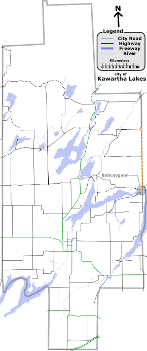 "A map with various coloured lines representing different types of roadways. In deep-green are provincial highways; in black are other Kawartha Lakes numbered roads; in light blue are lakes and rivers."