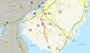 A map of southern New Jersey showing major roads and places. Route 55 connects Route 47 in the south, heading up through Vineland and Glassboro to Route 42 south of Camden