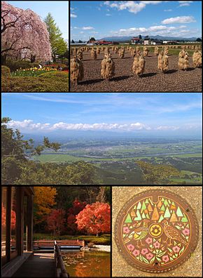 From top left; Spring in Mizusawa Park, the Autumn rice harvest in Isawa, Maesawa and the Kitakami River in Summer from Mt. Otowa, Autumn foliage at Fujiwara no Sato in Esashi and a manhole cover in Koromogawa.
