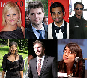 A photo collage featuring pictures of seven different people, with four photos on the top row and three on the bottom row. The top row, from left to right, features a smiling blond woman wearing a black dress, a smiling brown-haired man wearing a tie and jacket, a smiling black-haired man wearing a white tuxedo and black tie, and a frowning brown-haired man wearing sunglasses and a black coat. The bottom row, from left to right, features a smiling brown-haired woman wearing a black dress, a man with brown hair and a beard wearing a suit jacket and tie, and a brown-haired woman speaking into a microphone.