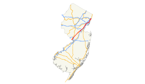 A map of New Jersey showing major roads. US 1 runs southwest to northeast from the west central part of the state to the northeastern part.