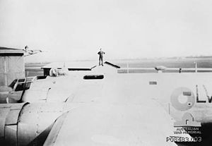 An airman standing on top of a No. 201 Flight RAAF B-24 Liberator at RAAF station Laverton
