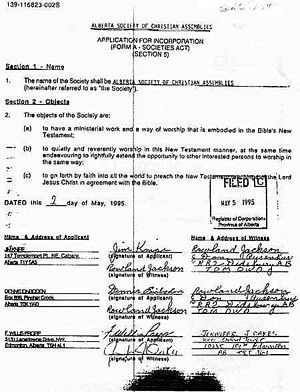 Scan of the application for incorporation in the Province of Alberta signed by overseer Willis Propp and senior workers Jim Knipe and Dennis Einboden