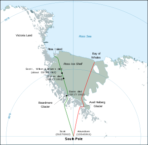  Outline of Ross Sea sector of Antarctica, with lines showing the respective polar journeys of Scott and Amundsen