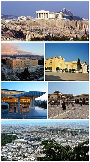 From upper left: the Acropolis, the Hellenic Parliament, the Zappeion, the Acropolis Museum, Monastiraki Square, Athens view towards the sea.