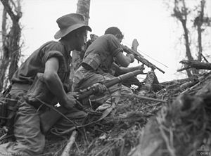 Two soldiers crouching on an incline in jungle terrain. The man on the left is holding a rifle and the man on the right is firing a light machine gun