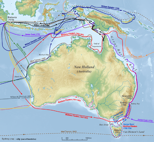 Map of Australia with coloured arrows showing the path of early explorers around the coast of Australia and surrounding islands