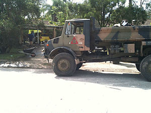 An Australian Army truck assisting with the clean up of a flood affected suburb of Brisbane