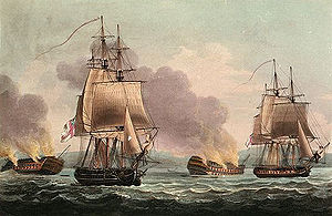 Four sailing ships in the aftermath of battle, with two afloat in fairly good repair flying British flags, and two grounded on shore, dismasted and on fire