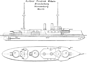 Line drawing for this type of ship; the vessel had three large gun turrets on the centerline and two thin smoke stacks.