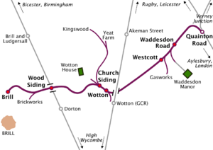 Map of a railway line running roughly south-west to north-east. Long sidings run off the railway line at various places. Two other north-south railway lines cross the line, but do not connect with it. At the north-eastern terminus of the line, marked "Quainton Road", the line meets three other lines running to Rugby & Leicester, Verney Junction, and Aylesbury & London respectively. The south-western terminus, marked "Brill", is some distance north of the town of Brill, which is the only town on the map. A station on one of the other lines, marked "Brill and Ludgersall", is even further from the town of Brill.