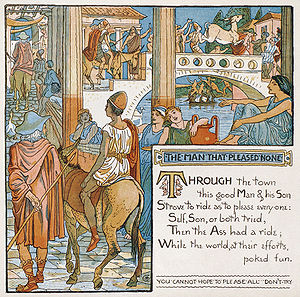 "The Man That Pleased None", from Walter Crane's 1887 illustrated book The Baby's Own Aesop, a collection of Aesop's Fables retold in limerick format.
