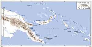 A map of eastern New Guinea, the Bismark Archipelago and Solomon Islands with towns and elevations marked