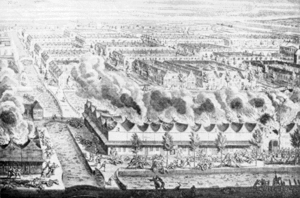 Bird's eye view of part of the city of Batavia where there is fighting while houses stand in flames in the foreground at the time of the massacre of the Chinese in 1740.
