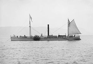 The 1907 replica of the North River Steamboat at anchor
