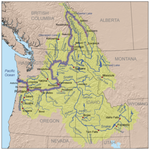 Three-color map of the Columbia River watershed. The watershed is shaped roughly like a funnel with its wide end to the east and its narrow end along the border between Washington and Oregon as it nears the Pacific Ocean. The watershed extends into the western U.S. states of Washington, Oregon, Idaho, Nevada, Utah, Wyoming, and Montana, and the western Canadian province of British Columbia as far east as its border with Alberta. The river itself makes a hairpin turn from north-west to south in British Columbia and another sharp turn from south to west as it nears Oregon.
