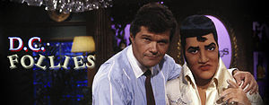 DC Follies promotional image containing the show's logo, star Fred Willard, and a puppet caricature of Elvis Presley