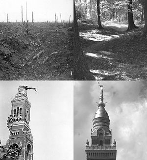 A collage of four monochrome photographs: Top left–destroyed trench in barren, treeless landscape. Top right–Forest scene with dense vegetation and visible mounds of overgrown, well vegetated trenches. Bottom left–Abby spire with visible bomb damage to middle left section and toppeled status of Virgin Mary leaning over at 90 degrees to right. Bottom left–Spire and abby visible with erect Virgin Mary statue against cloudy sky backdrop