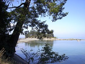 Dionisio Point Provincial Park, Dionisio Point and sand spit from mainland.JPG