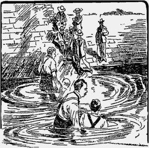 Monochrome line drawing depicting two men immersing two others in a river while others watch from a stone embankment