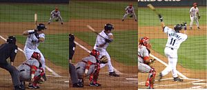 Three pictures side by side of Edgar Martínez swinging at a pitch.