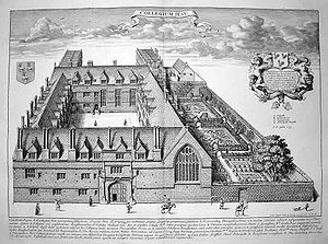 A bird's-eye illustrated view of a college, with a quadrangle of buildings in front and an incomplete quadrangle behind.  There are gardens to the right of the buildings.