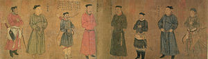 A long, landscape oriented painting of eight figures. From left to right, the first, third, fifth, sixth, and eighth people are armed, with the first and last men most heavily armed, carrying both a bow and a sword, with the other three carrying either a bow or a sword but not both. Each of the men wears a thin, flat, black cap. The thrid and sixth figure are also a head shorter than the rest of the figures.