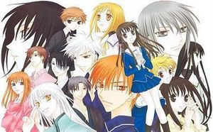 A two-page spread showing a teenage girl in a Japanese school uniform, behind her the heads of fourteen people shown in various profiles, with several hair colors
