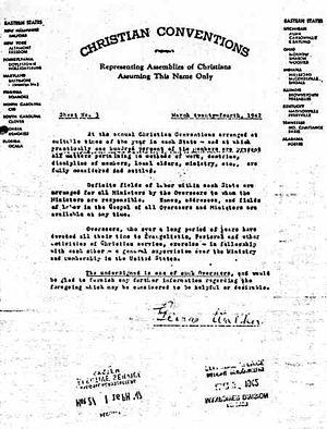 Scan of page 3 of a 1942 statement written and signed by overseer George Walker on Christian Conventions stationery which addressed questions posed by the United States Selective Service
