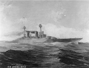 Painting of a dark ship with two funnels and two cage masts steaming through heavy seas