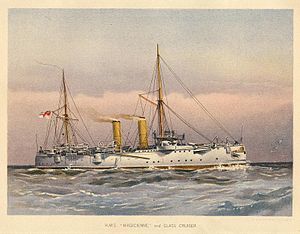 Chromolithograph of HMS Magicienne by W. Fred Mitchell, 1892