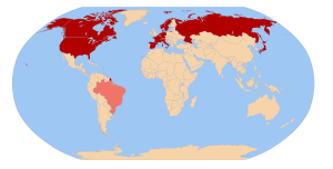 A world map highlighting Belgium, Denmark, France, Germany, Italy, Netherlands, Norway, Spain, Sweden and Switzerland in red and Brazil in pink. See adjacent text for details.