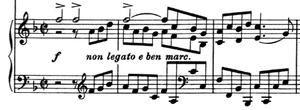 The three accented Fs from the introduction are used as a sort of calling card for the first theme. There are usually heard in conjunction with or anticipating the theme.