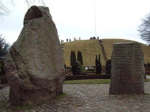 Jelling stones, with mound in background