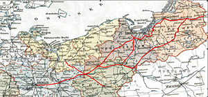 Main routes of the Prussian Eastern Railway marked on map of 1905
