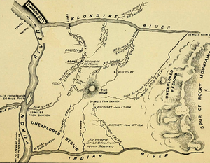Klondike River and gold bearing creeks, map from a 1897 guidebook. Claimed and unexplored regions are marked