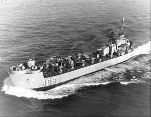 USS LSM(R)-409, of the LSM(R)-401 class, underway off San Diego, California on 25 February 1954