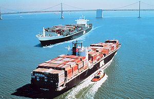 Two container ships pass in San Francisco Bay