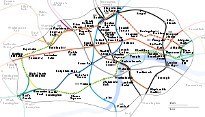Map in a similar style, but with stations and river at accurate positions and curved lines drawn more flexibly. This map is harder to read.