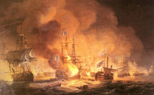 A confused naval battle. Two battered ships drift in the foreground while smoke and flame boil from a third. In the background smoke rises from a confused melee of battling ships.