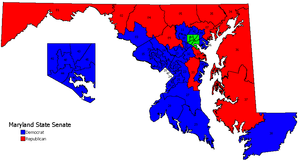 A map of Maryland showing the 47 Senate districts colored blue for districts controlled by Democrats and red for districts controlled by Republicans; it shows Democratic control of districts in southern and central Maryland, especially in Baltimore and suburban areas, with Republicans controlling the Eastern Shore and western Maryland