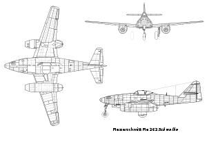 Orthographically projected diagram of the Messerschmitt Me 262.