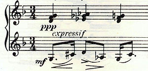 A fragment of printed piano music in 3/4 time, the upper stave is marked "ppp" and "expressif", the lower is marked "mf".