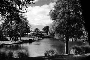 B&w photo of a waterway in a park setting}}