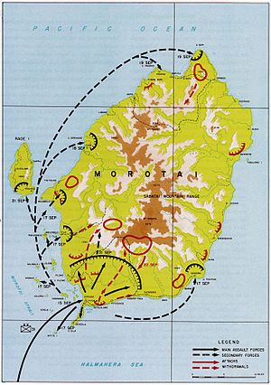 A topographic map of Morotai depicting the landings of US units in September, the Allied perimeter in the south-west of the island, concentrations of Japanese forces and routes used by the Japanese to withdraw from the Allied beachhead.