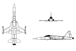 An orthographically projected diagram of the F-5E Tiger-II.