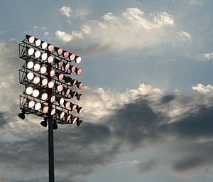 An 8 x 8 array of lamps on a pole, against an early evening sky